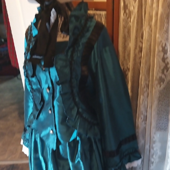 Victorian Choice Women's XL Teal Silk Look Cosplay Y2K With Black Bonnet Costume - Picture 4 of 7